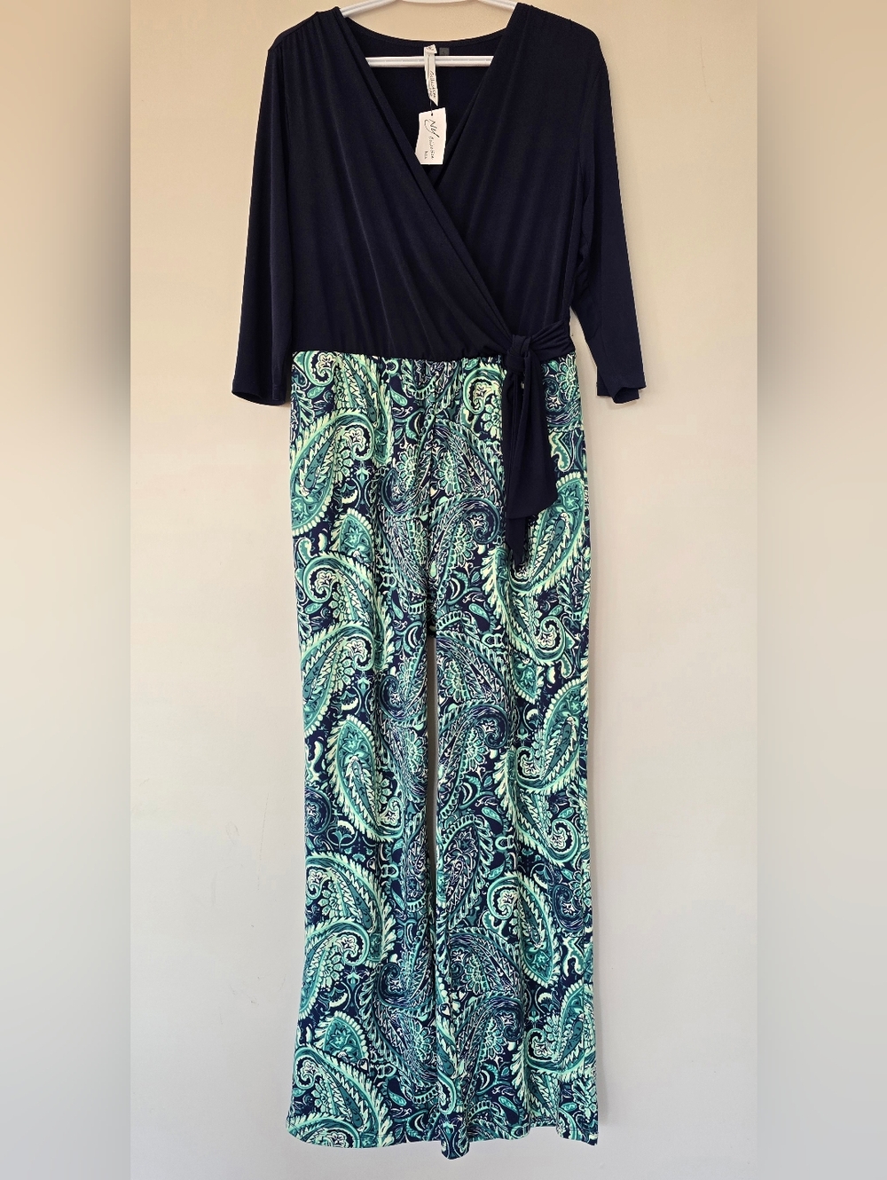 NWT NY Collection Navy & Aqua Paisley Wide-Leg Jumpsuit LADIES LP